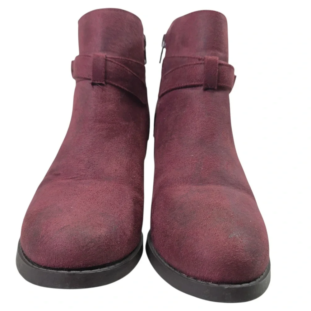 Just Fab Freda‎ Burgundy Faux Suede Ankle Boots Buckle Strap Stacked Heel 7.5